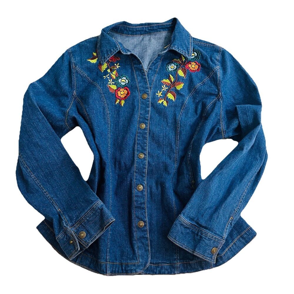 Decorated Originals Women's Denim Jacket Size L Floral Embroidered Grannycore